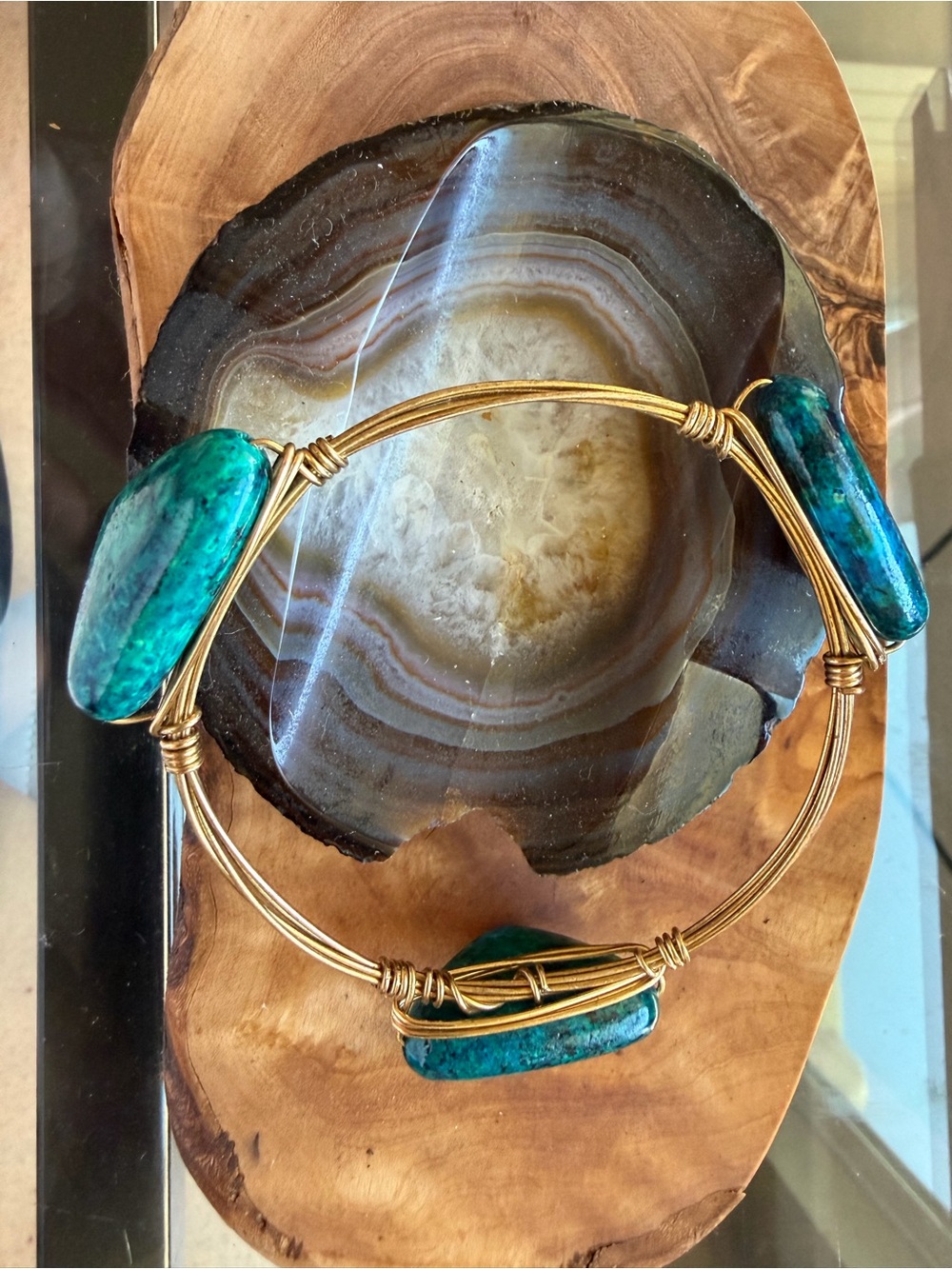 Gold Wire Bangle Bracelet with Turquoise-Green Stone Accents